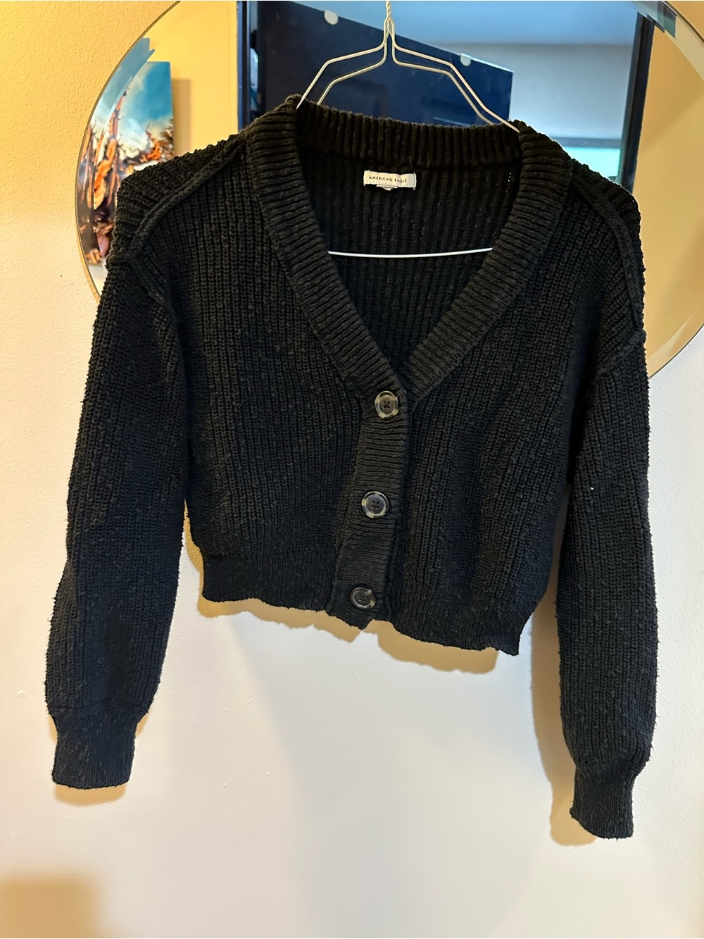 American Eagle Women’s XS Black Chunky Knit Cropped Cardigan Sweater